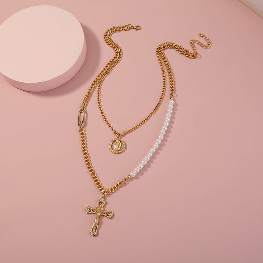 Layered Cross Pearl Necklace